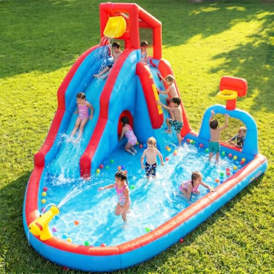Kids Outdoor House With Slide - 裏庭用屋外ウォータースライダー付きインフレータブルバウンスハウスパーク（子供用）：PVC素材、青と黄色、クライミングウォール付き、ロングスライダー