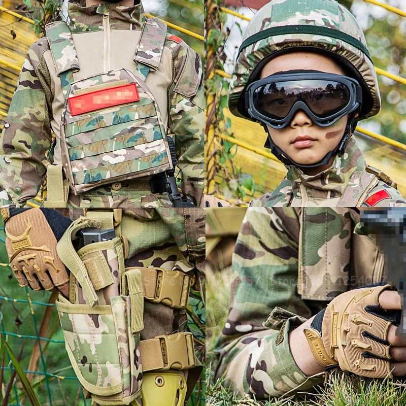 Kids Outdoor Youtube - 子供戦術迷彩スーツ特殊部隊戦闘服子供屋外軍事訓練ベスト手袋膝パッドゴーグル NM33