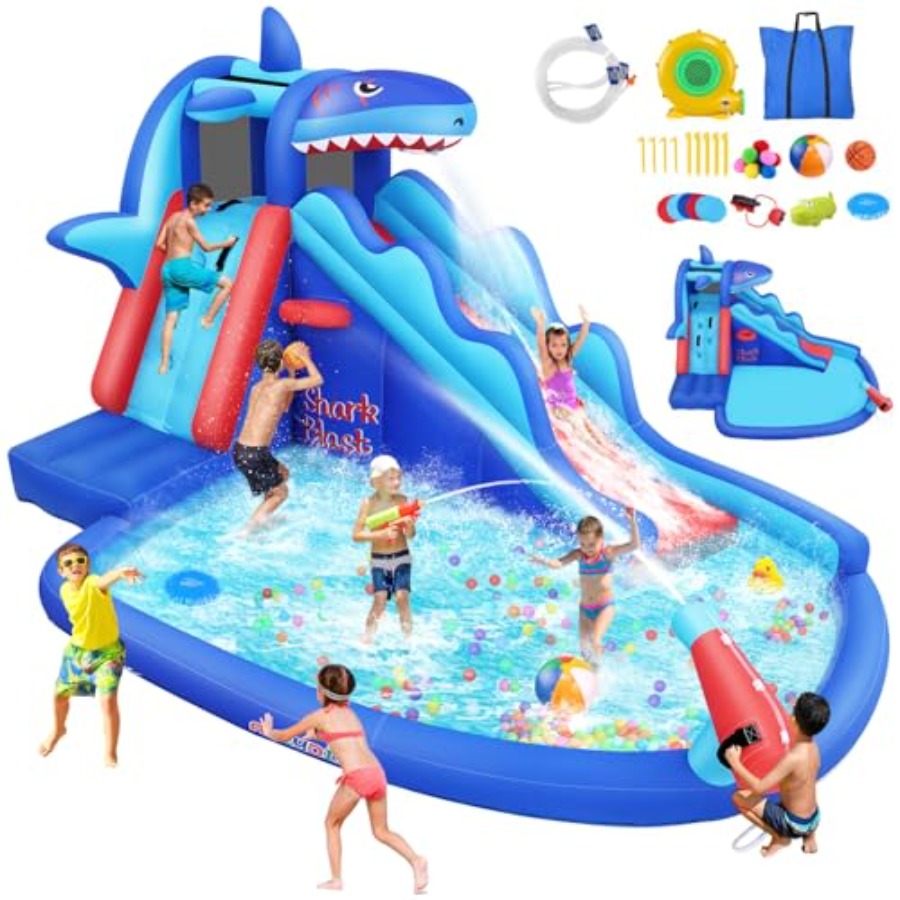 Kids Outdoor House With Slide - 屋外/屋内兼用インフレータブルウォータースライドバウンスハウス（3歳～12歳のお子様向け、サメをテーマにした青と黄色、クライミングウォール、ロングスライド付き）