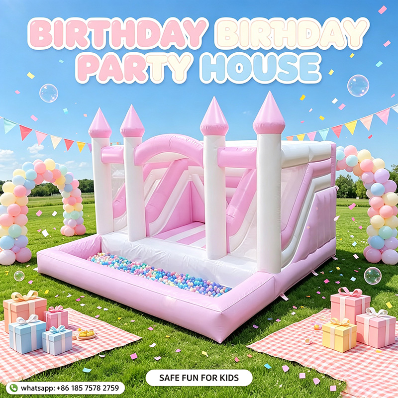Kids Outdoor House With Slide - ピンクのプリンセス型インフレータブルバウンスハウスキャッスル、ボールプール付きジャンプユニット、子供用屋外パーティー向けエンターテイメント