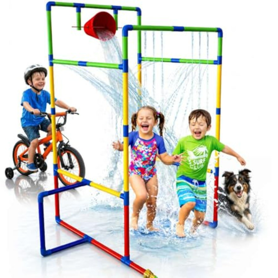 Kids Outdoor Tunnel - 屋外裏庭ウォーターパークのスプリンクラートンネル、子供たちが夏に遊ぶためのダンクバケット付き、耐久性のあるPVC製、青と黄色、簡単設置。