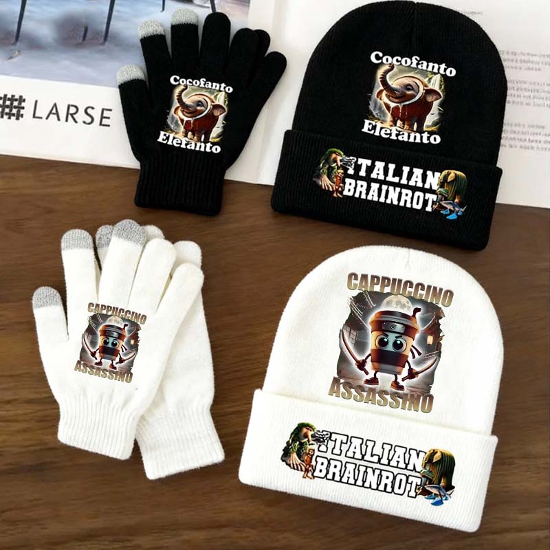 Kids Outdoor Xmas Gifts - 2 個イタリア Brainrot 動物ニット帽子手袋カプチーノアサシーノキャップミトンセット冬の屋外暖かさ子供帽子クリスマスギフト
