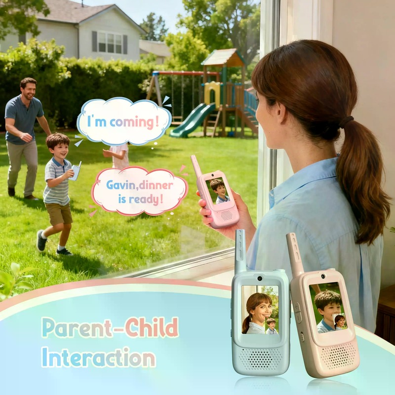 Kids Outdoor Voices - 子供用ビデオトランシーバー、2台セット、HDカメラと音声機能付き充電式ビデオインターコム、3歳から14歳までの男の子と女の子向けの携帯用双方向無線おもちゃ、屋内・屋外でのキャンプやハイキングゲームに最適、ブルー＆ピンク