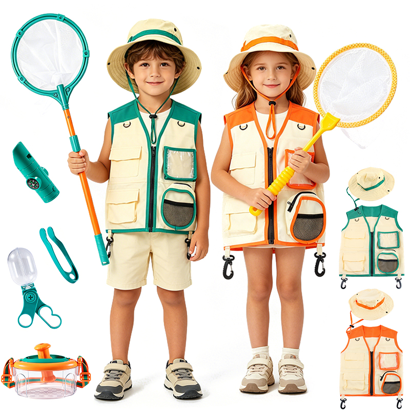 Kids Outdoor Adventure Kit - ネイチャーエクスプローラーアドベンチャーキット帽子ベスト男の子女の子アウトフィット屋外探検ツール昆虫観察キャンプ遊び子供服